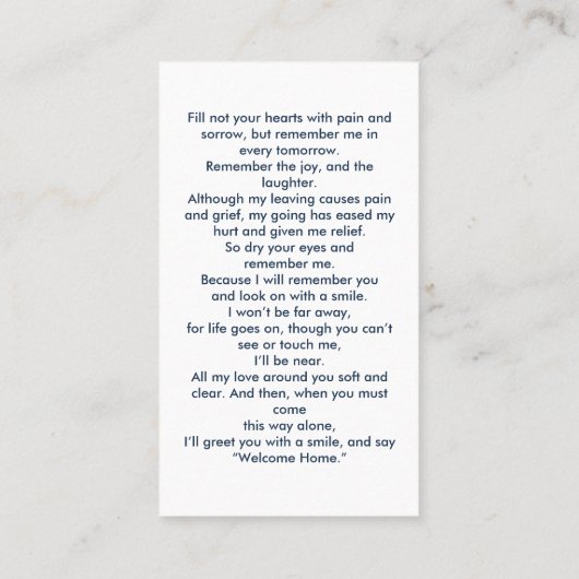 シンプル写真追悼記念悔やみや弔慰祈りの言葉カード 名刺 (裏面)