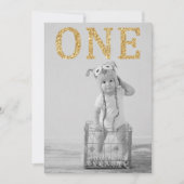 シンプル写真金ゴールドグリッター第1誕生日 招待状 (正面)