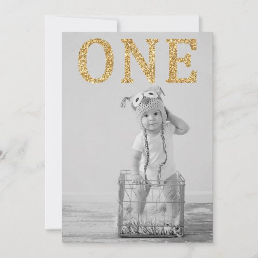 シンプル写真金ゴールドグリッター第1誕生日 招待状 (正面)