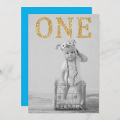 シンプル写真金ゴールドグリッター第1誕生日 招待状 (正面/裏面)