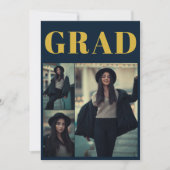 シンプル写真金ゴールド縁ど |ネイビーブルー卒業 招待状 (正面)