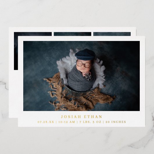 シンプル写真金フォイル生まれたばかりの誕生のお知らせ 箔招待状 (正面/裏面)