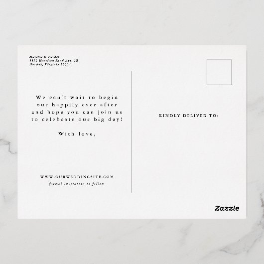 シンプル写真1枚の日付を保存する 箔招待状ポストカード (裏面)