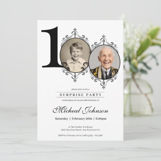 シンプル写真100エレガント番目の誕生日驚きのパーティー 招待状 (スタンド正面)