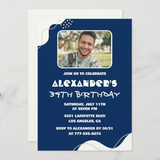 シンプル写真34歳の誕生日招待状Men Navy 招待状 (正面/裏面)