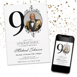 シンプル写真90エレガント番目の誕生日サプライズパーティー 招待状