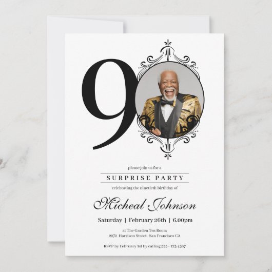 シンプル写真90エレガント番目の誕生日サプライズパーティー 招待状 (正面)