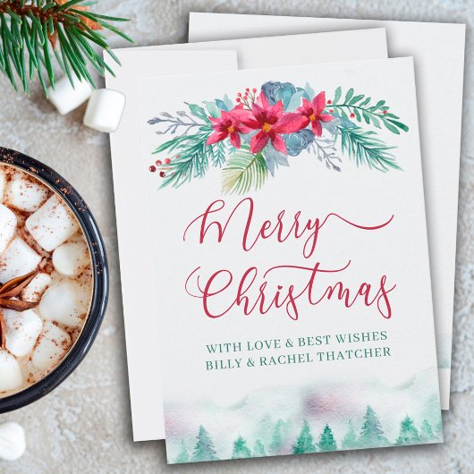 シンプル冬の森とポインセチア水彩 シーズンカード
