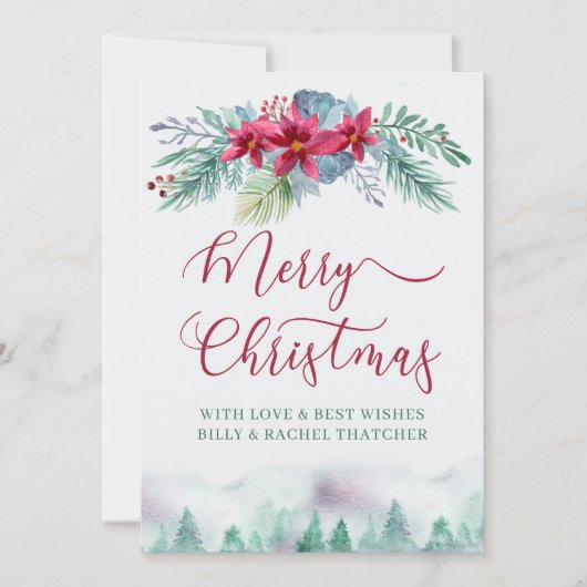 シンプル冬の森とポインセチア水彩 シーズンカード (正面)