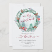 シンプル冬の森と松のリース水彩 招待状 (正面)