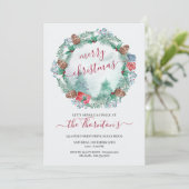 シンプル冬の森と松のリース水彩 招待状 (スタンド正面)