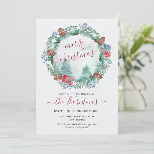 シンプル冬の森と松のリース水彩 招待状 (スタンド正面)