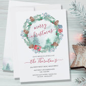 シンプル冬の森と松のリース水彩 招待状