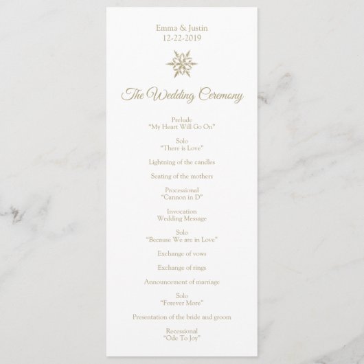 シンプル冬ウェディング金ゴールドスノーフレーククリスマス プログラム (裏面)
