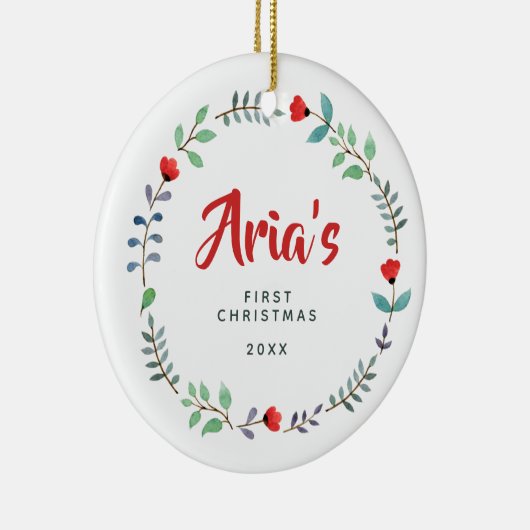 シンプル初めてのクリスマス赤フローラリース セラミックオーナメント (右)