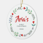 シンプル初めてのクリスマス赤フローラリース セラミックオーナメント (左)