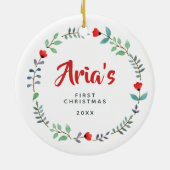 シンプル初めてのクリスマス赤フローラリース セラミックオーナメント (裏面)