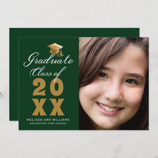 シンプル卒業フォトグリーン金ゴールドスクリプト2025 案内状 (正面/裏面)