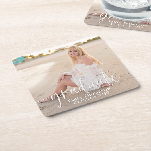シンプル卒業写真ミニマエレガントリスト スクエアペーパーコースター (アングル)