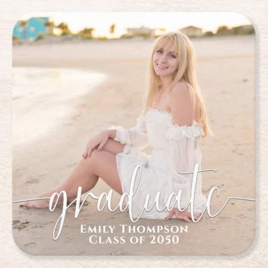 シンプル卒業写真ミニマエレガントリスト スクエアペーパーコースター (正面)