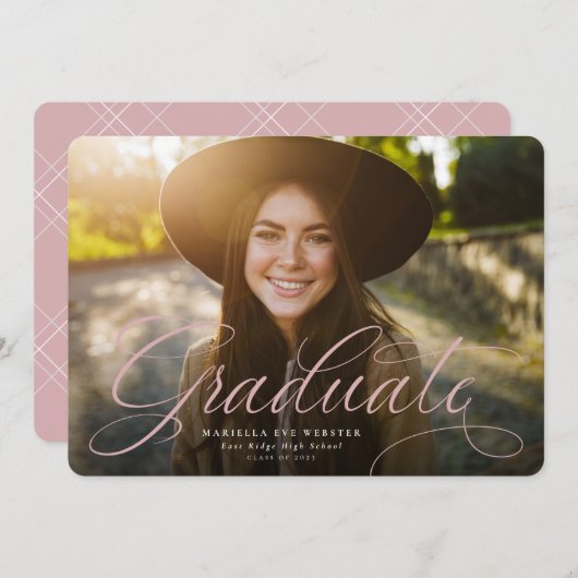 シンプル卒業生ゴールデンピンク卒業 案内状 (正面/裏面)