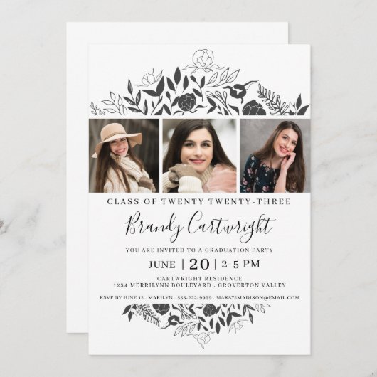 シンプル卒業白黒フローラ3写真 招待状 (正面/裏面)