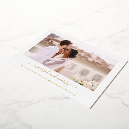 シンプル及びミニマル | フォト結婚した金ゴールドとメリー 箔シーズンカード (回転した状態)