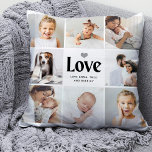 シンプル及びモダン |ラブフォトコラージュ クッション<br><div class="desc">このシンプルの白黒の枕は、8枚の家族の写真と「愛」とはっきりしたいうモダンタイポグラフィを持つフォトグリッドを備えている。かわいいニュートラルなグレーのハートもある。お父シンプル様、配偶者、または家族に愛されている程度を知らせたい場合は、いつでもミニマルな記念品とミニマルな記念品。</div>