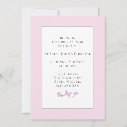 シンプル可愛いお洒落フローラフォトピンクの女の子 案内状 (裏面)