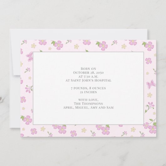 シンプル可愛いお洒落フローラフォトピンクの女の子 案内状 (裏面)