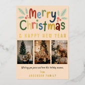シンプル可愛いカラフルメリークリスマス家族写真 箔シーズンカード (正面)