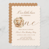 シンプル可愛いキッズリトルベア1歳の誕生日 招待状 (正面/裏面)