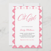 シンプル可愛いギンガムピンクの格子柄の女の子の赤ちゃんシャワー 招待状 (正面)