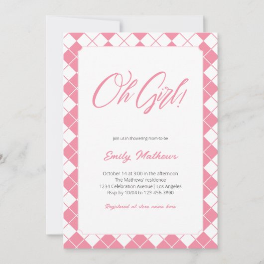 シンプル可愛いギンガムピンクの格子柄の女の子の赤ちゃんシャワー 招待状 (正面)