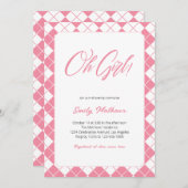 シンプル可愛いギンガムピンクの格子柄の女の子の赤ちゃんシャワー 招待状 (正面/裏面)