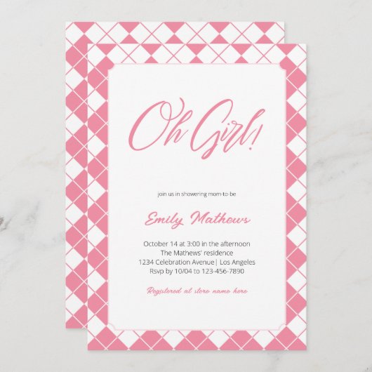 シンプル可愛いギンガムピンクの格子柄の女の子の赤ちゃんシャワー 招待状 (正面/裏面)
