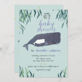シンプル可愛いシーホエールライトブルーベビーシャワー 招待状 (正面/裏面)