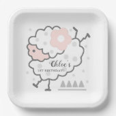 シンプル可愛いジャンピングラムピンク&ホワイト誕生日 ペーパープレート (正面)