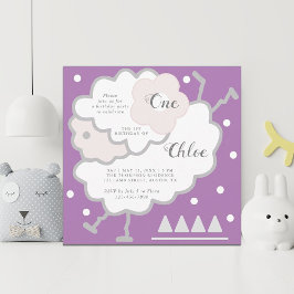 シンプル可愛いジャンピングラムラベンダー1歳の誕生日 招待状