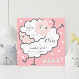 シンプル可愛いジャンプ白子羊1stバースデーピンク 招待状