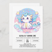 シンプル可愛いドラゴン1歳の誕生日 招待状 (正面/裏面)