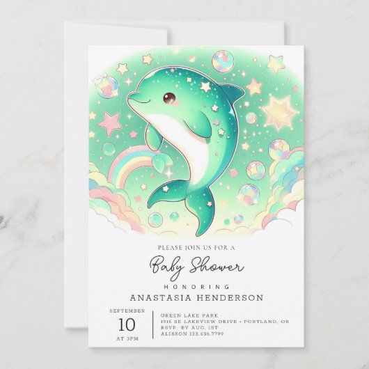 シンプル可愛いドルフィンのベビーシャワー 招待状 (正面)