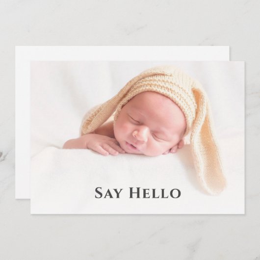 シンプル可愛いハローベビーカスタムフォト生まれたばかりの誕生 案内状 (正面/裏面)