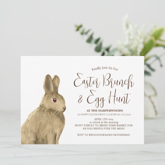 シンプル可愛いバニーのウサギのイースターブランチ卵狩り 招待状 (スタンド正面)