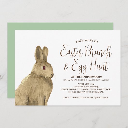 シンプル可愛いバニーのウサギのイースターブランチ卵狩り 招待状 (正面/裏面)