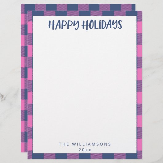 シンプル可愛いピンクの格子柄の名前ホリデー文房具 レターヘッド (正面/裏面)