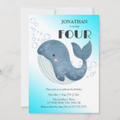 シンプル可愛いブルーホエールバブル誕生日 招待状 (正面)