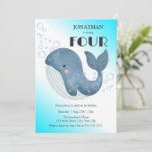 シンプル可愛いブルーホエールバブル誕生日 招待状 (スタンド正面)