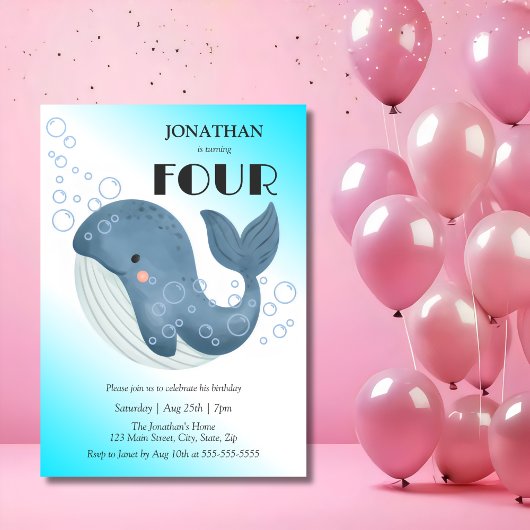 シンプル可愛いブルーホエールバブル誕生日 招待状