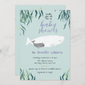 シンプル可愛いベルーガホエールライトブルーベビーシャワー 招待状 (正面/裏面)
